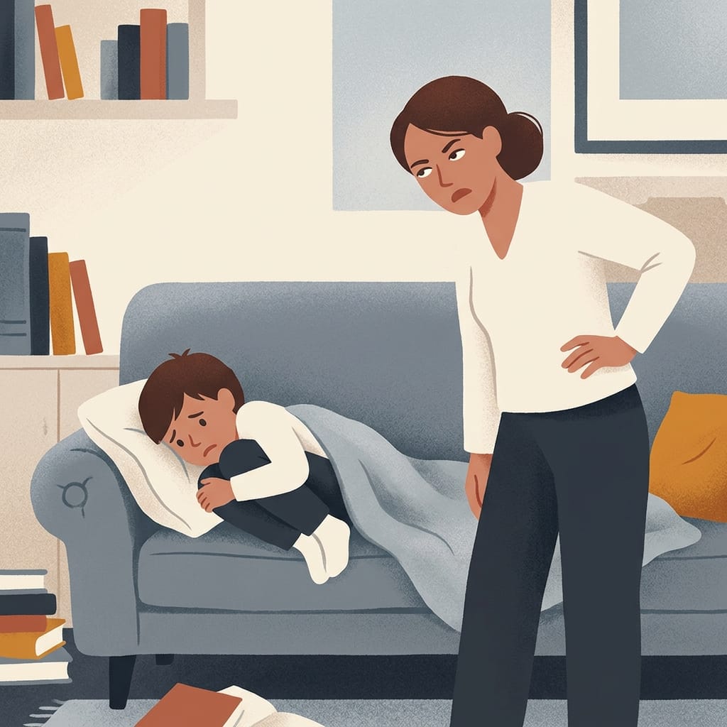 an irritated parent inconvenienced by a sick child