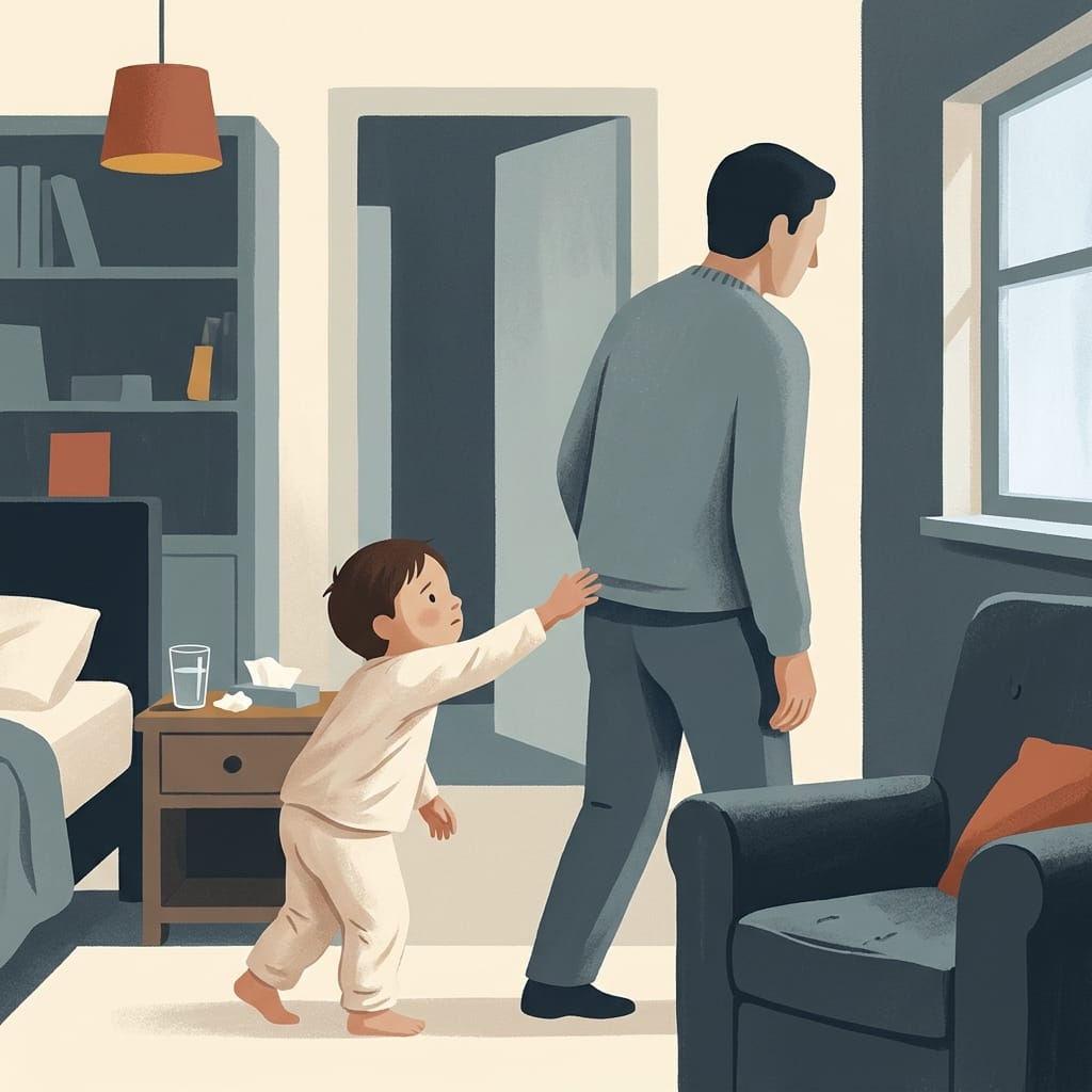 a child reaching for a parent who turns away