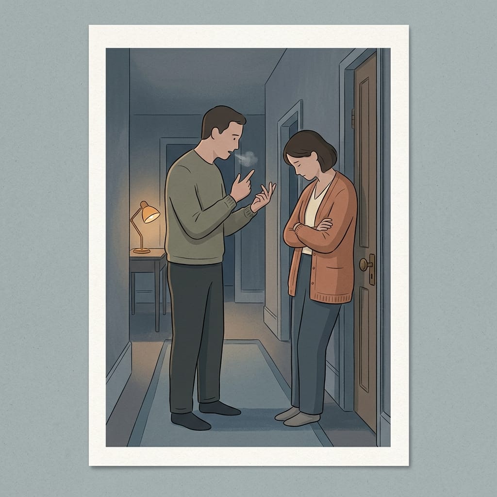 A wife stands with her arms folded in a dim hallway while her husband lists her old mistakes on his fingers