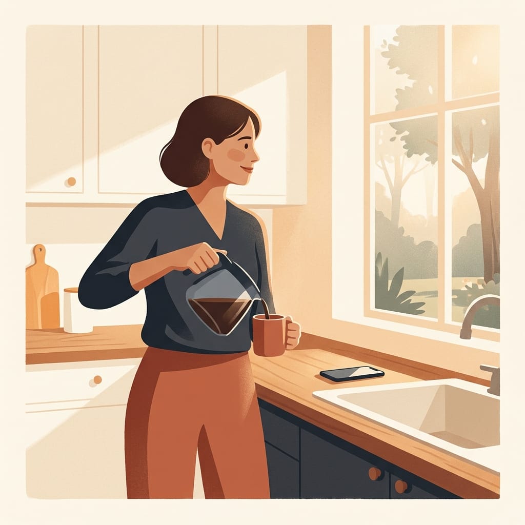 A woman stands tall in a bright kitchen, calm and self-possessed, pouring her own coffee