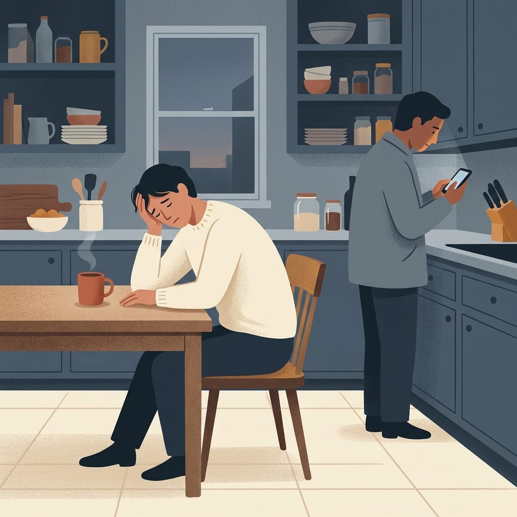 A drained figure sits at a kitchen table while their partner stands nearby, indifferent, in cool light