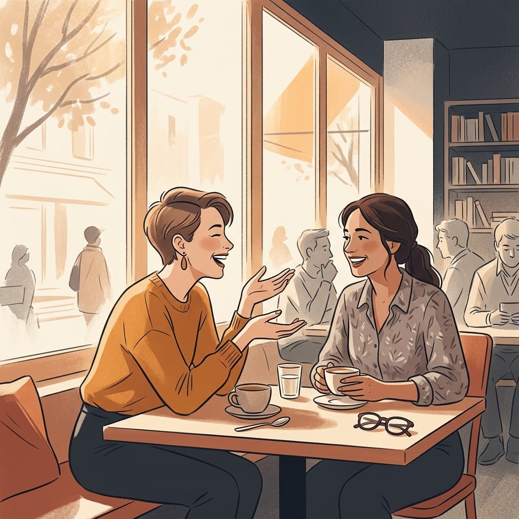 A woman laughing warmly with a friend over coffee, reconnecting with her own people