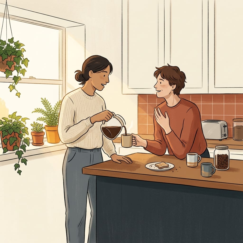 A heavy, wordless sigh fills the kitchen as one person tenses
