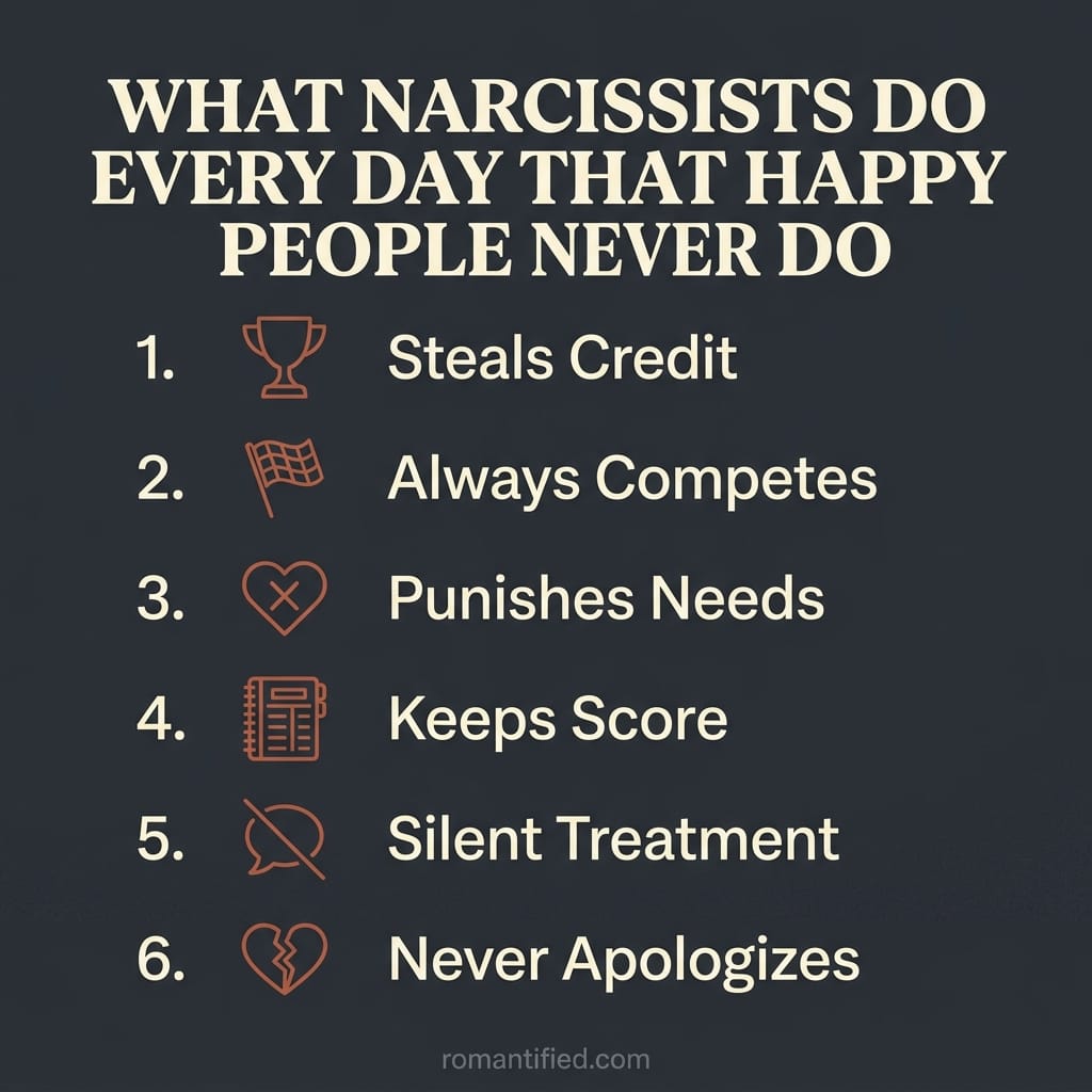 Overview infographic of the everyday things narcissists do that happy people never do