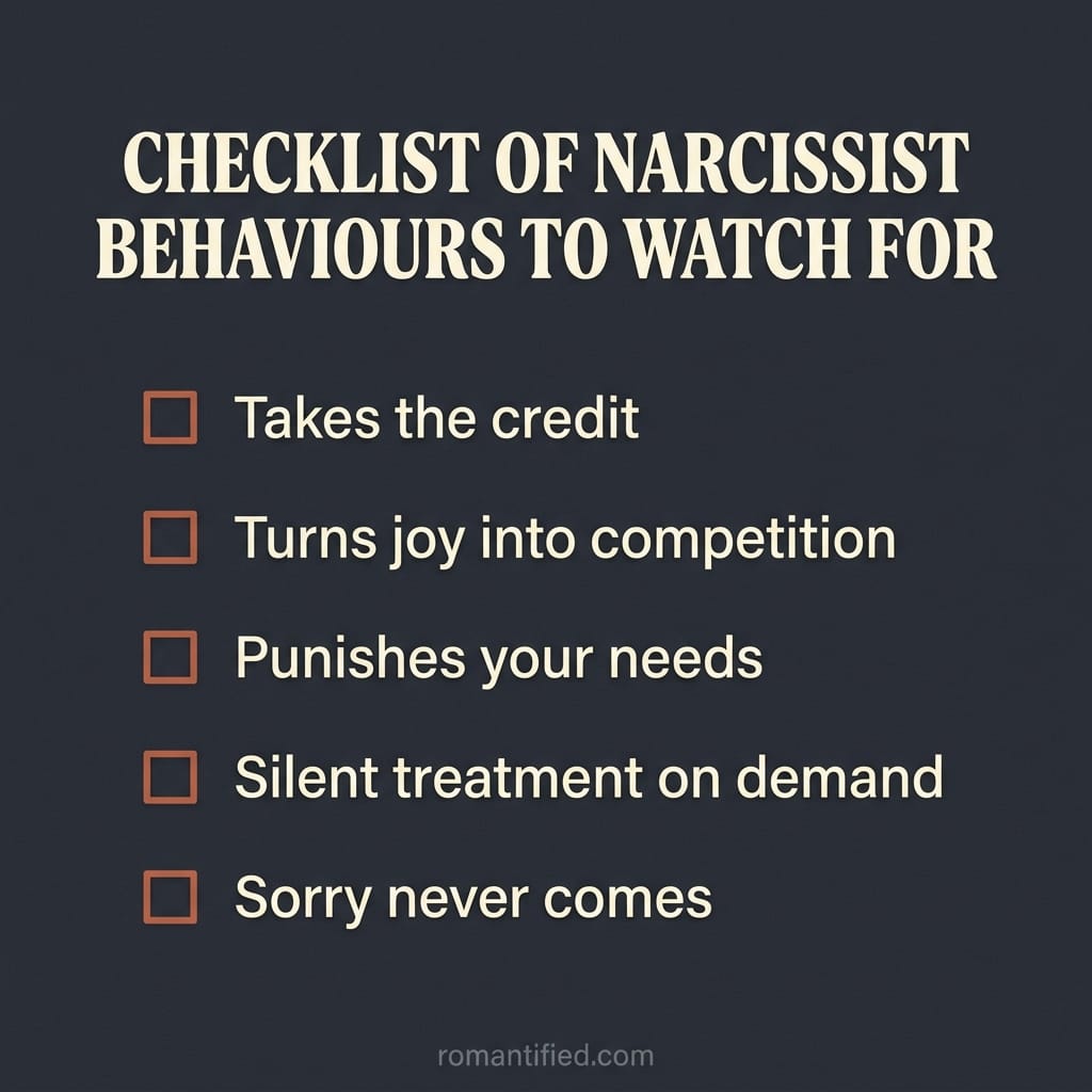 Detail infographic checklist of narcissist behaviours to watch for