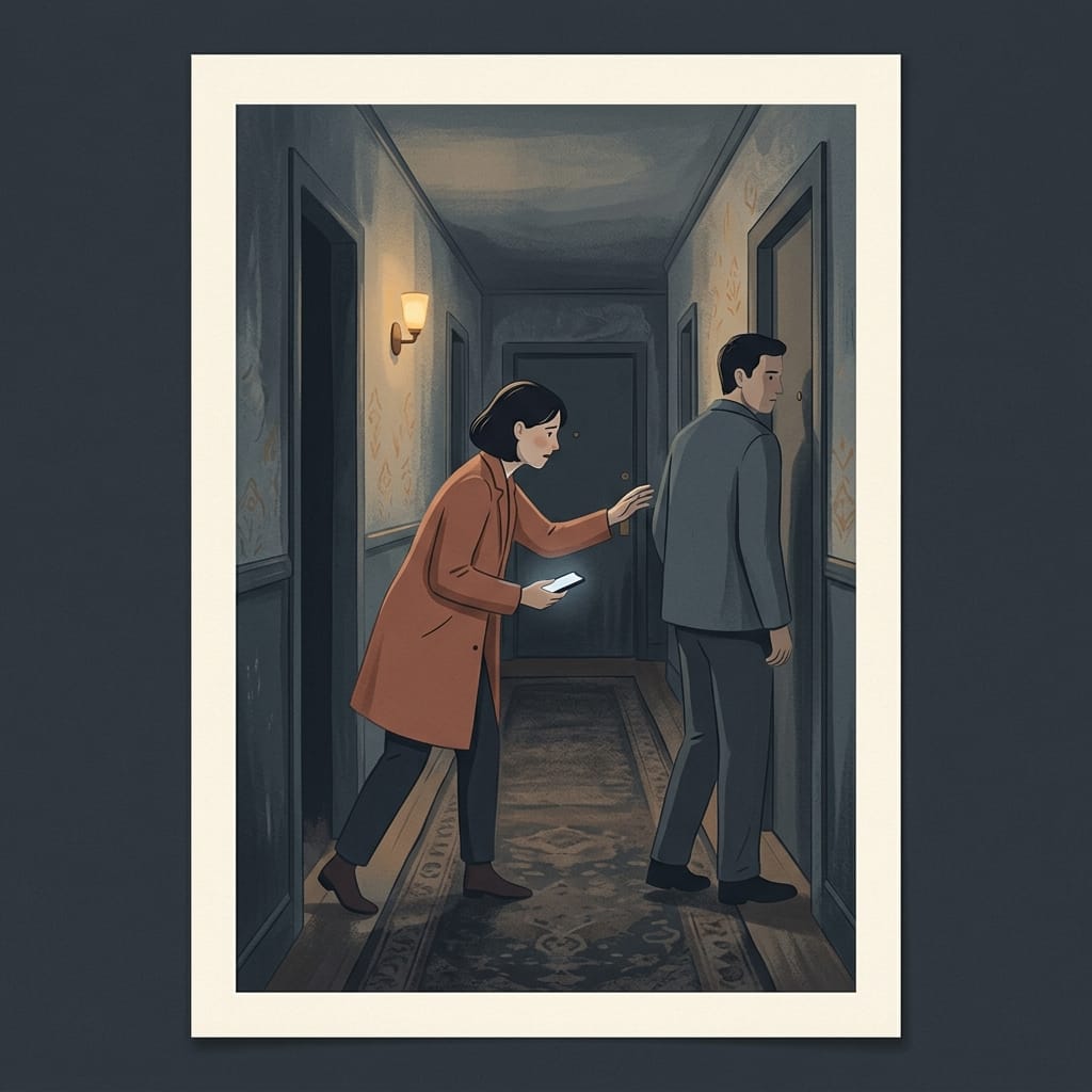A woman in a dim hallway reaching toward a man who is turning away, seeking his attention.