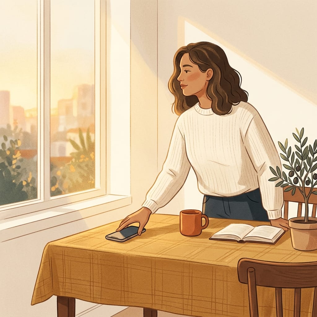 The same woman calmly setting her phone face-down and turning toward the window.