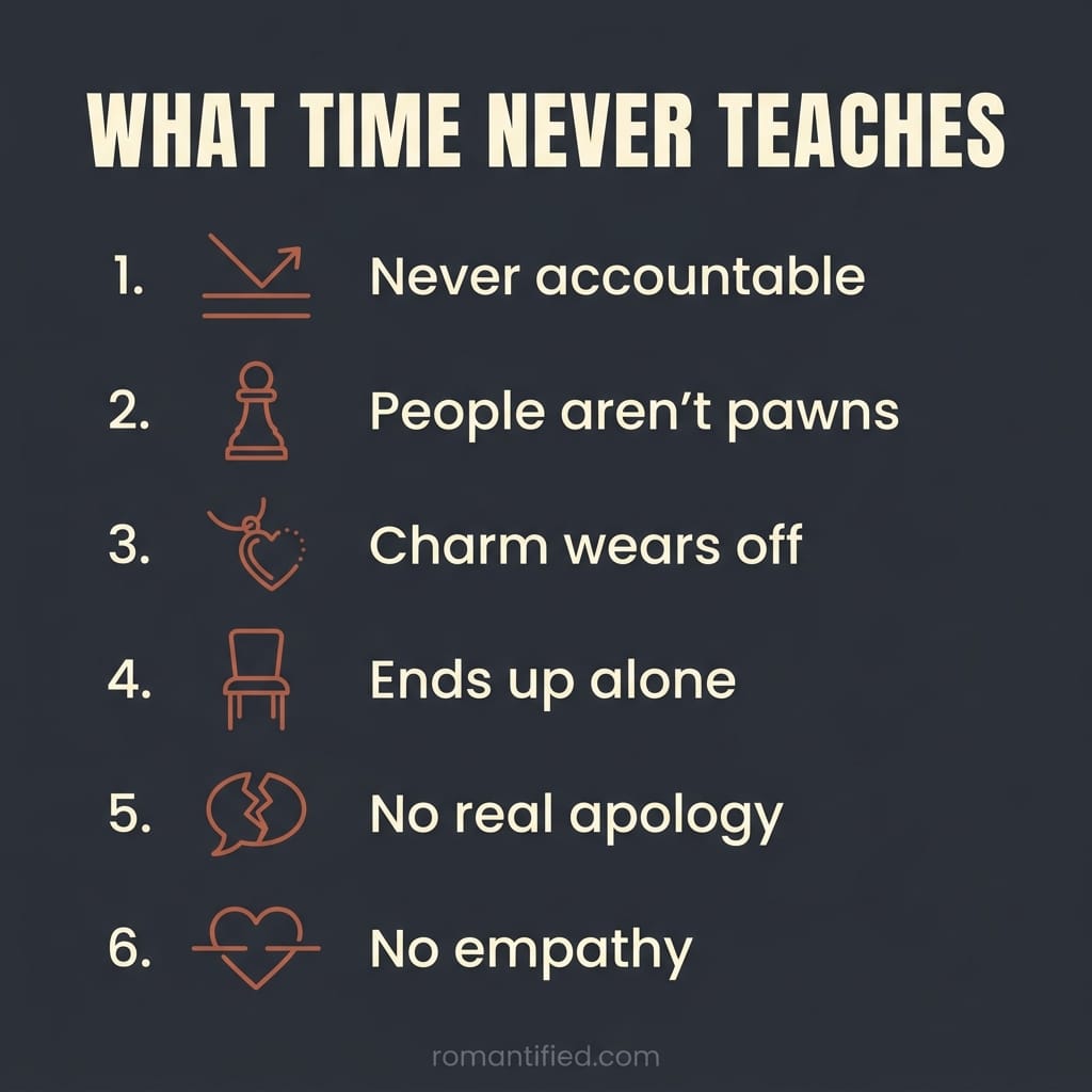 Overview infographic listing the things time will never teach a narcissist, shown as small icons with short labels.