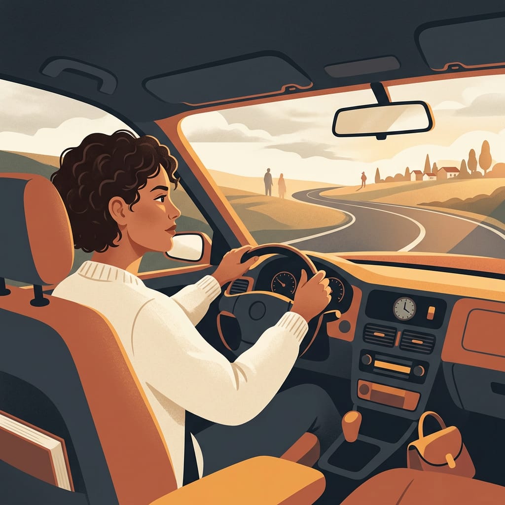 A woman driving herself down an open road in warm light
