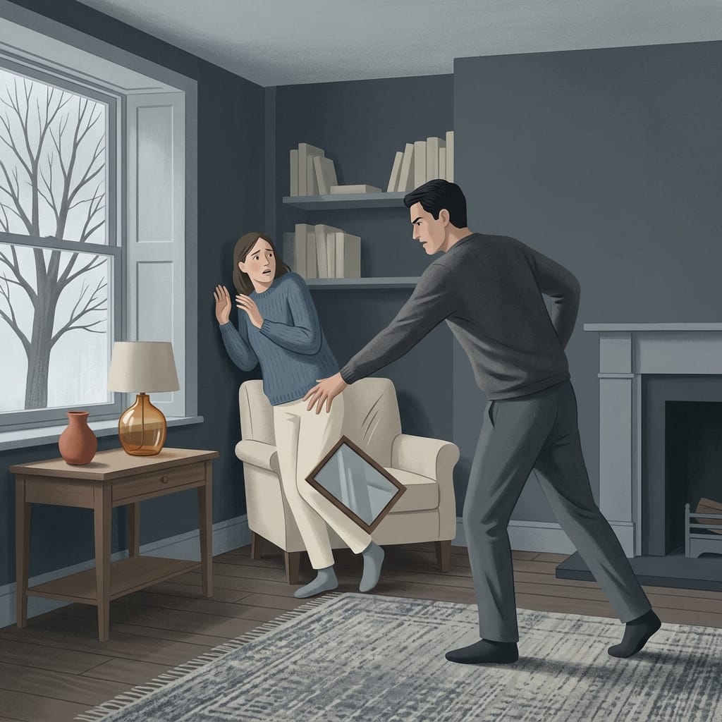 A narcissist smashing an object as the woman freezes in fear