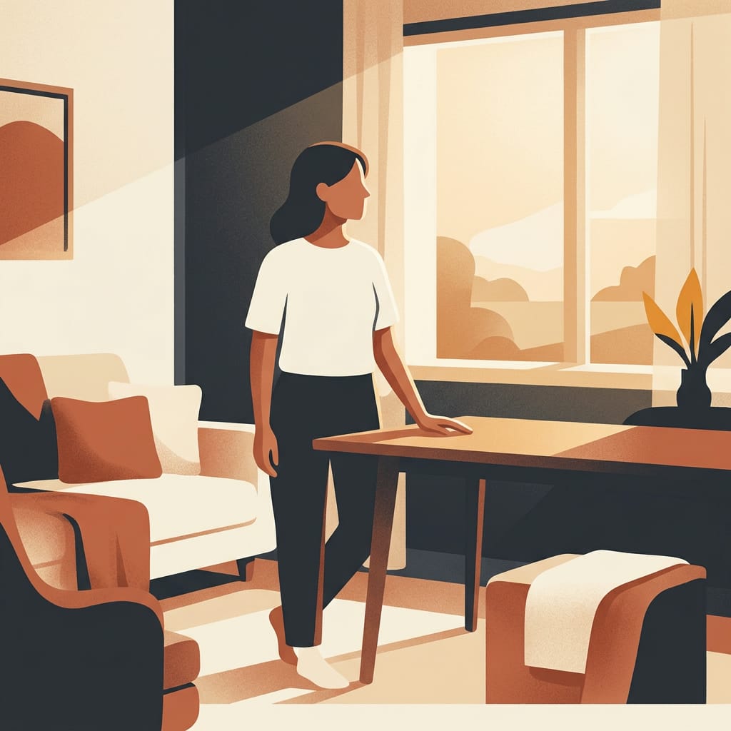 A woman standing steady and calm in a safe, peaceful home