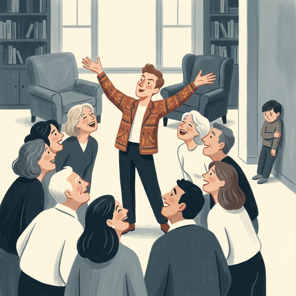 A narcissist performing for admiring adults at a family dinner