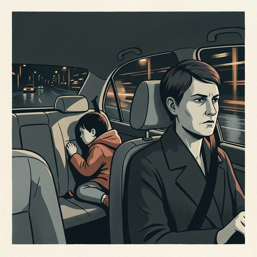 A child tense in a car as a parent's charm disappears