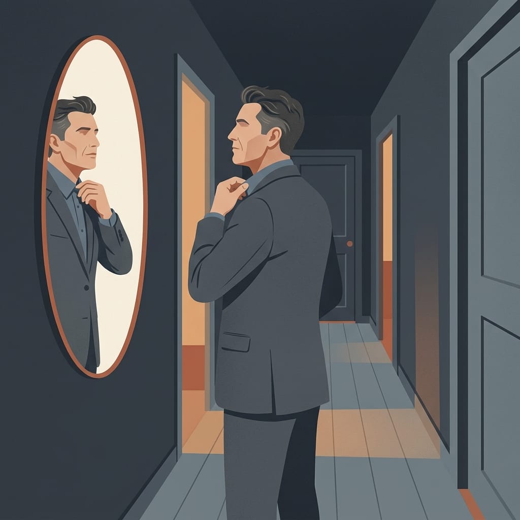 A narcissist absorbed in their own reflection in a hallway mirror