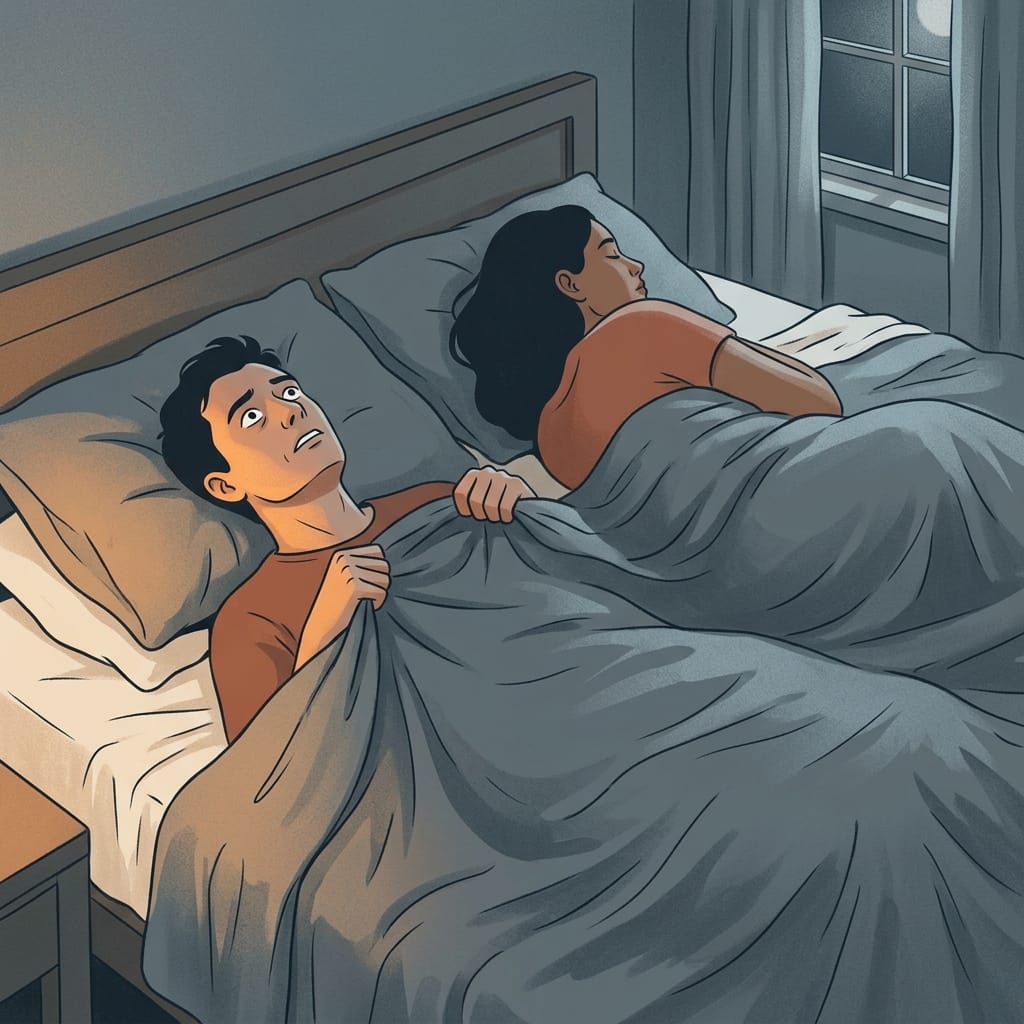 A narcissist awake at night replaying an old argument while the partner sleeps