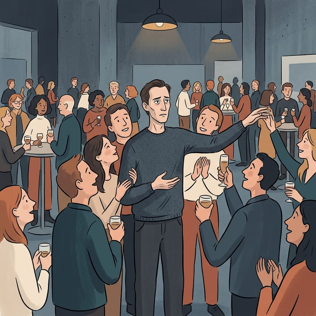 A narcissist surrounded by admirers yet looking hollow and hungry for more