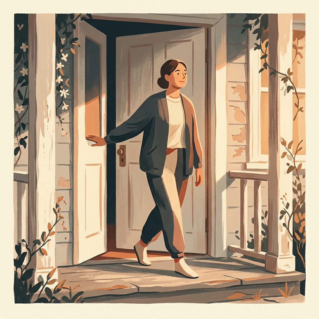 A woman quietly stepping into warm morning light as she lets go
