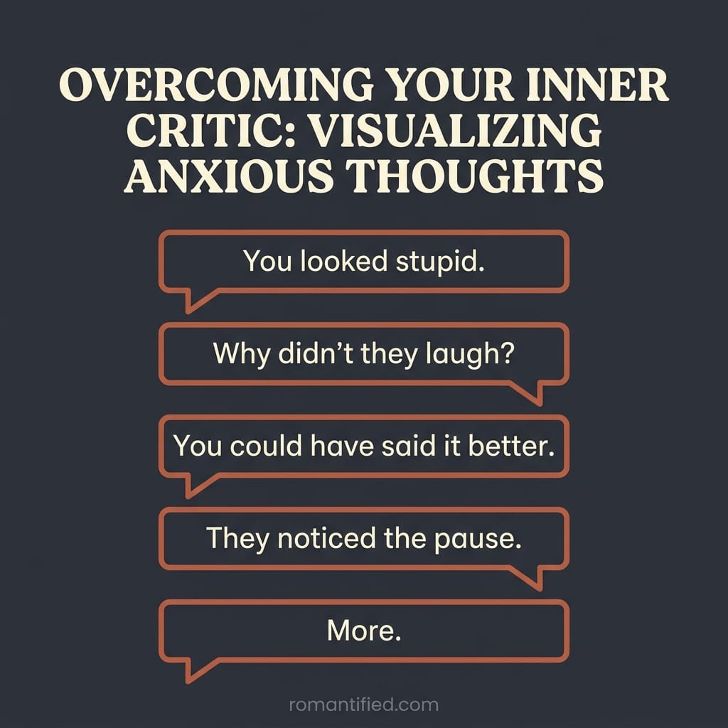 Grid of the harsh things a narcissist's inner critic says, such as You looked stupid and They noticed the pause.