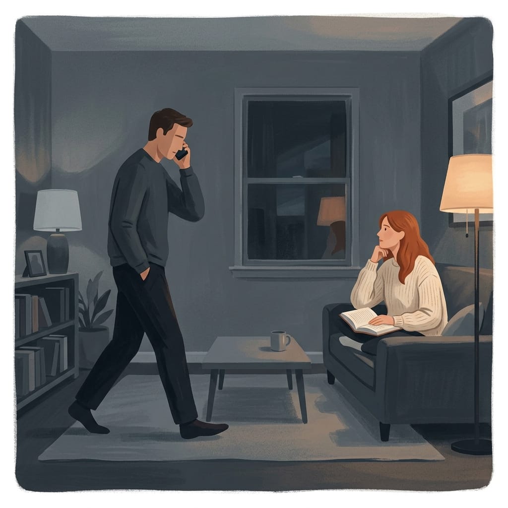 A restless man pacing a dim room on his phone late at night while a woman watches quietly from the sofa.