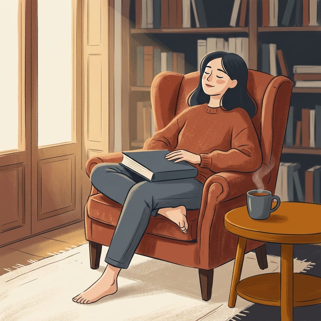 A woman sitting alone and content in a warm room with a book and tea, at ease in her own company.