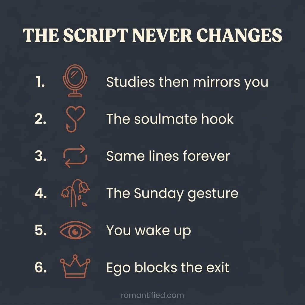 Overview infographic of how a narcissist's charm eventually falls apart