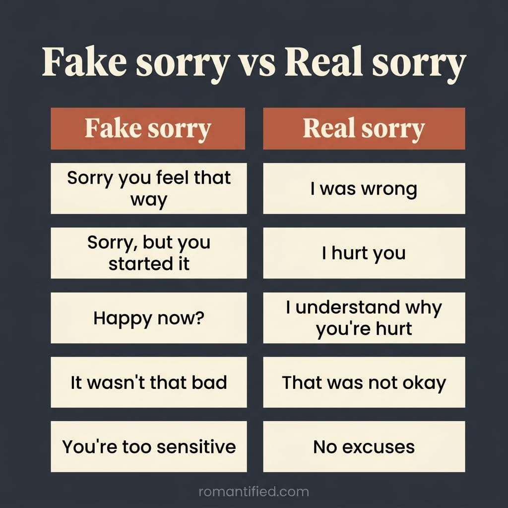 A chart contrasting a fake apology with what real accountability sounds like