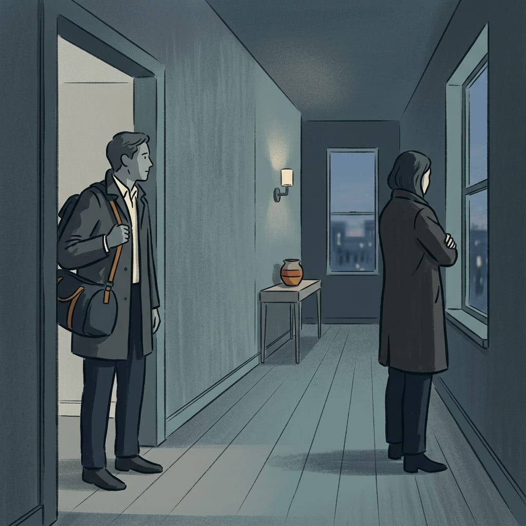 A person stands with a packed bag in a doorway while the other turns away unmoved, in cool light
