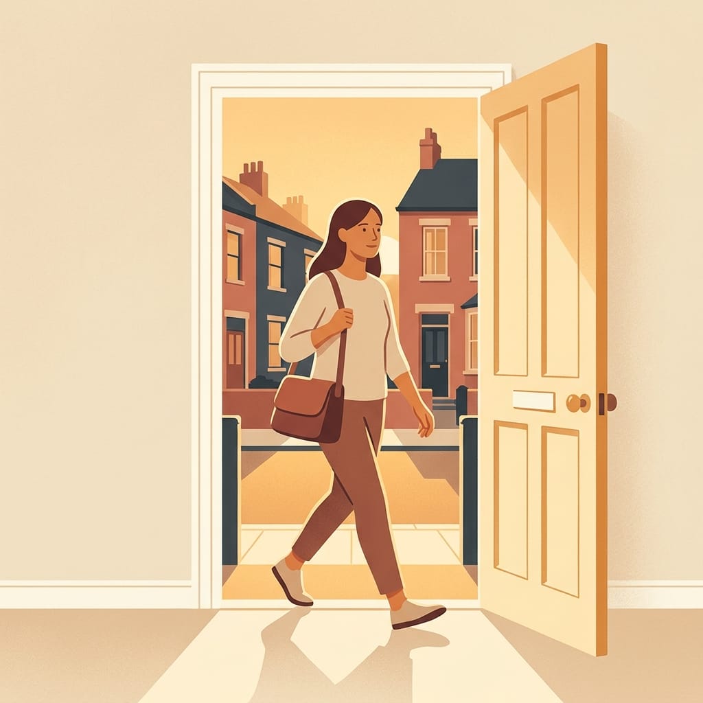 A woman walking forward into warm light, at peace with her decision to leave