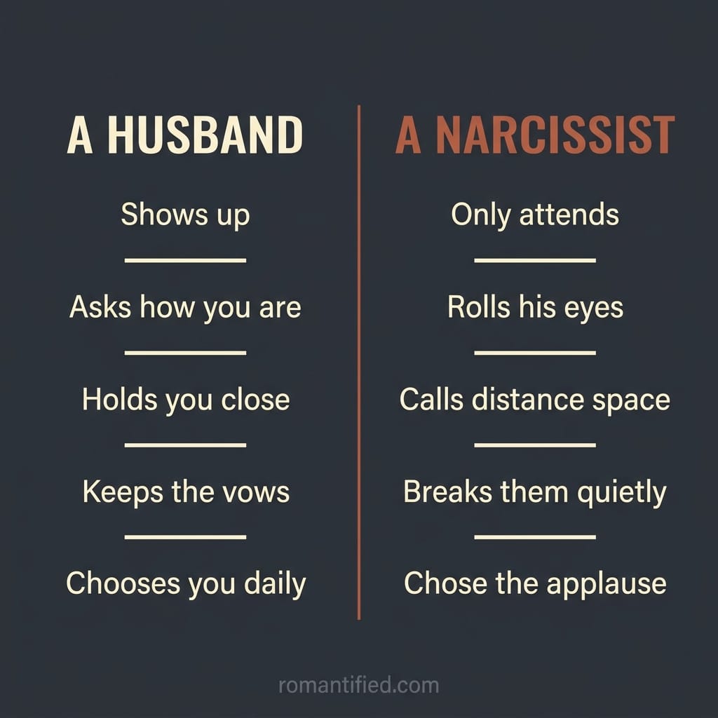 Detail infographic contrasting a real husband with a narcissistic man
