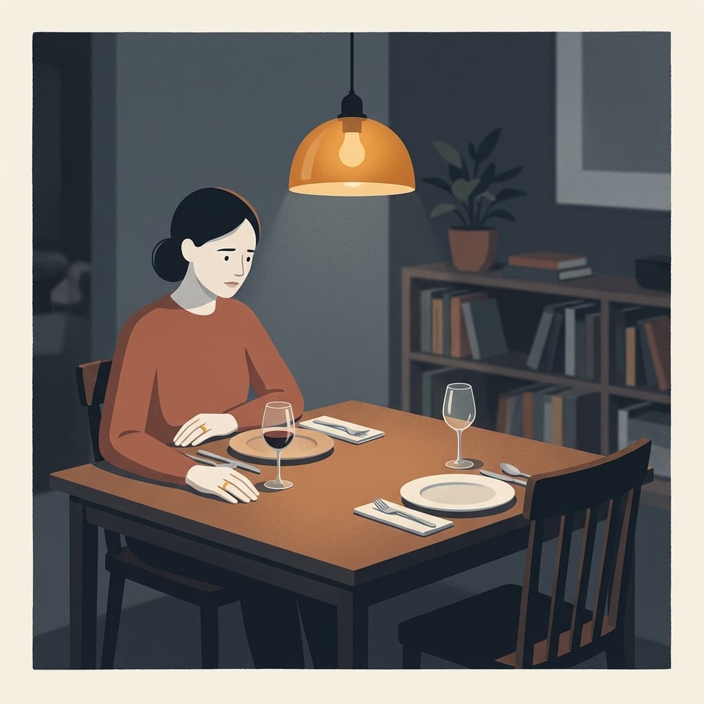 Cool-toned illustration of a woman sitting alone at a dinner table set for two