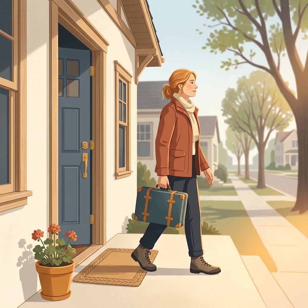 Warm illustration of a woman stepping out of her front door into morning light with a suitcase