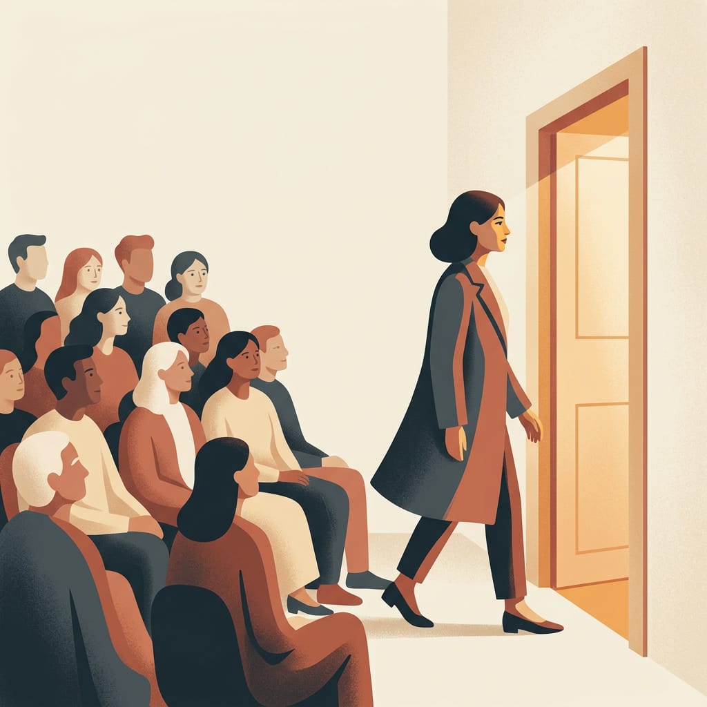 A woman stepping away from the group into her own light
