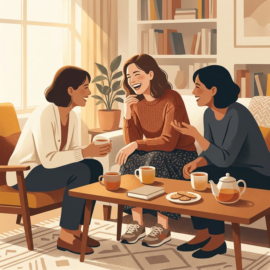 A woman relaxed and laughing with friends