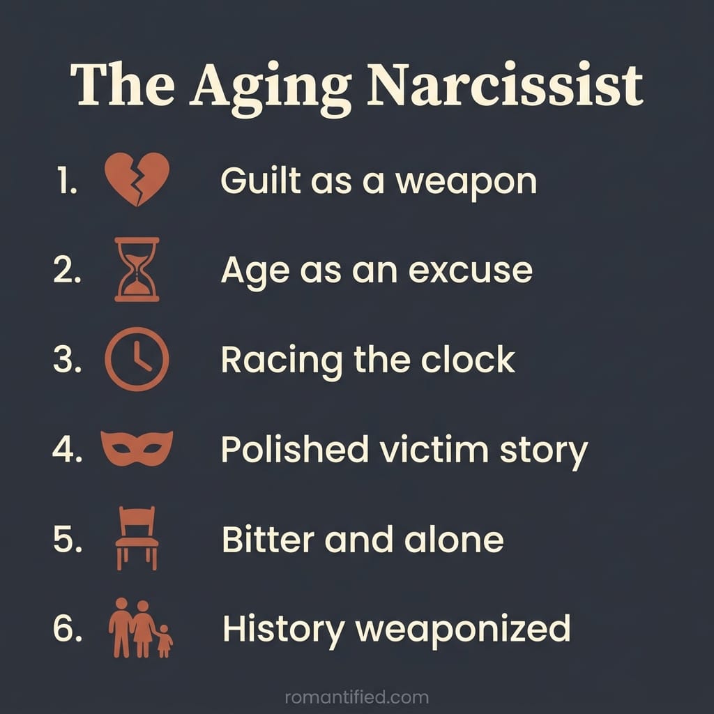 Overview infographic showing how age makes a narcissist more dangerous, not softer