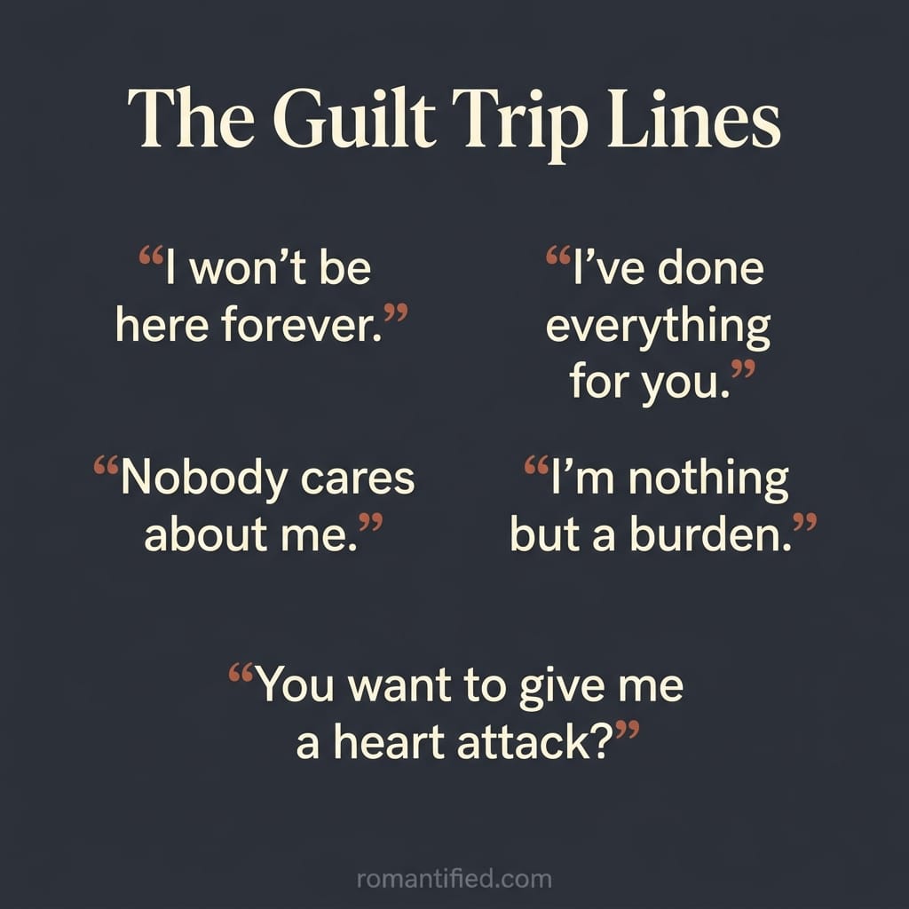 Infographic showing the guilt trip phrases an aging narcissist leans on