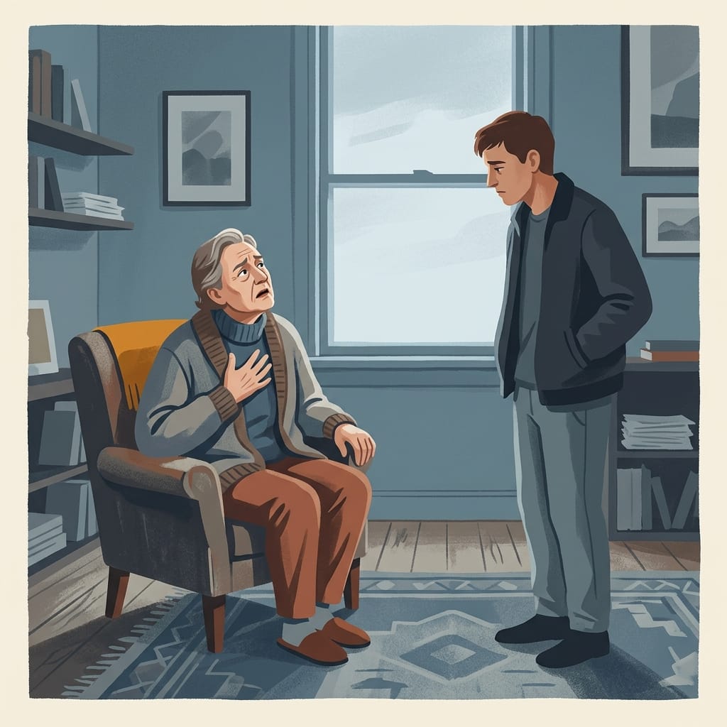 An older narcissist clutching their chest mid argument, performing frailty while a younger person stands tense
