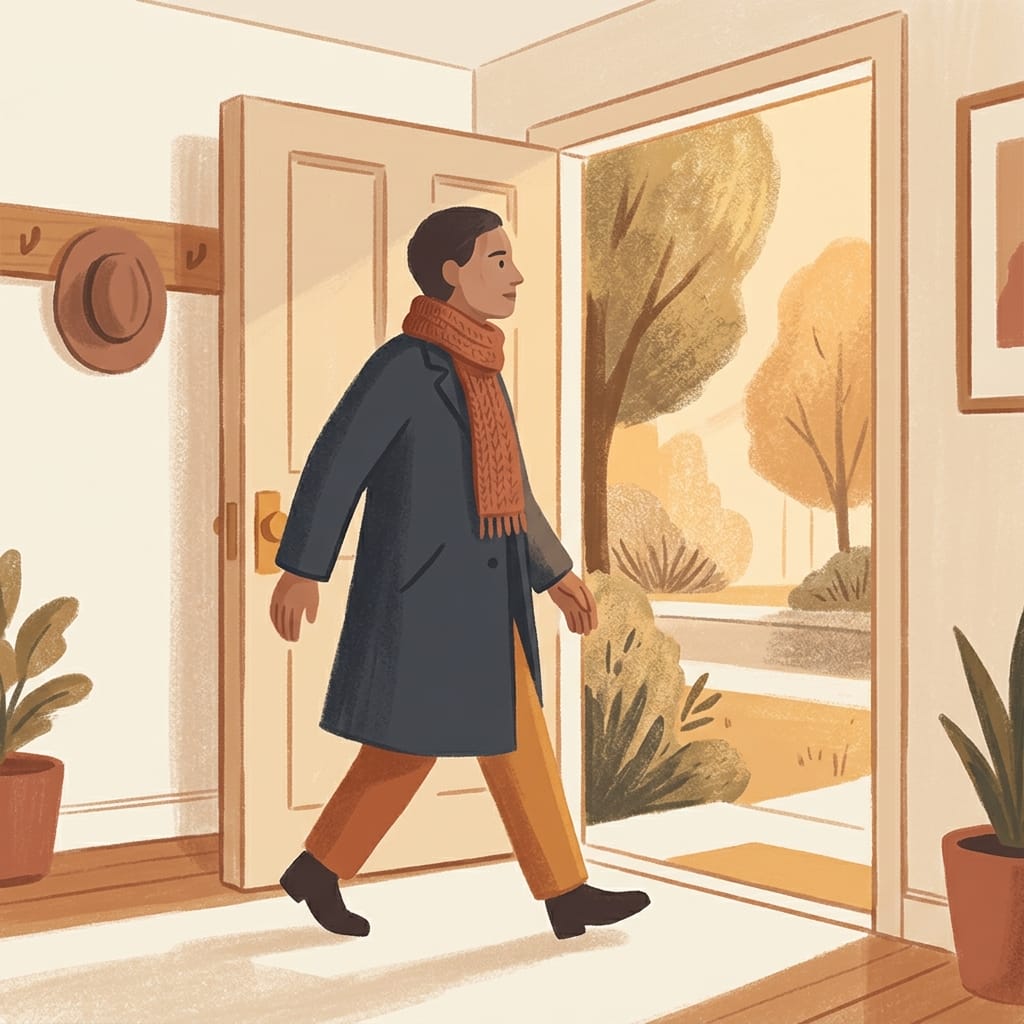 An adult child calmly stepping out a front door into warm light, composed and choosing their own peace