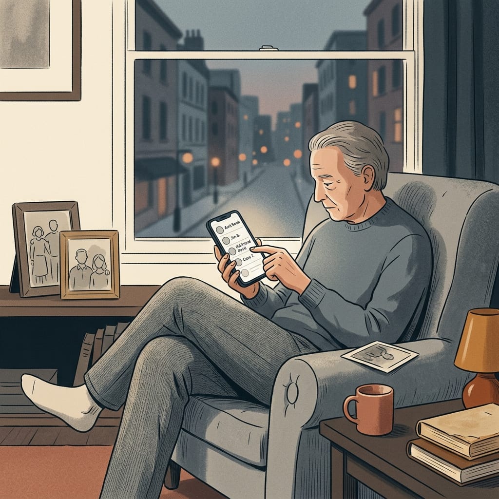 An aging narcissist scrolling old contacts alone