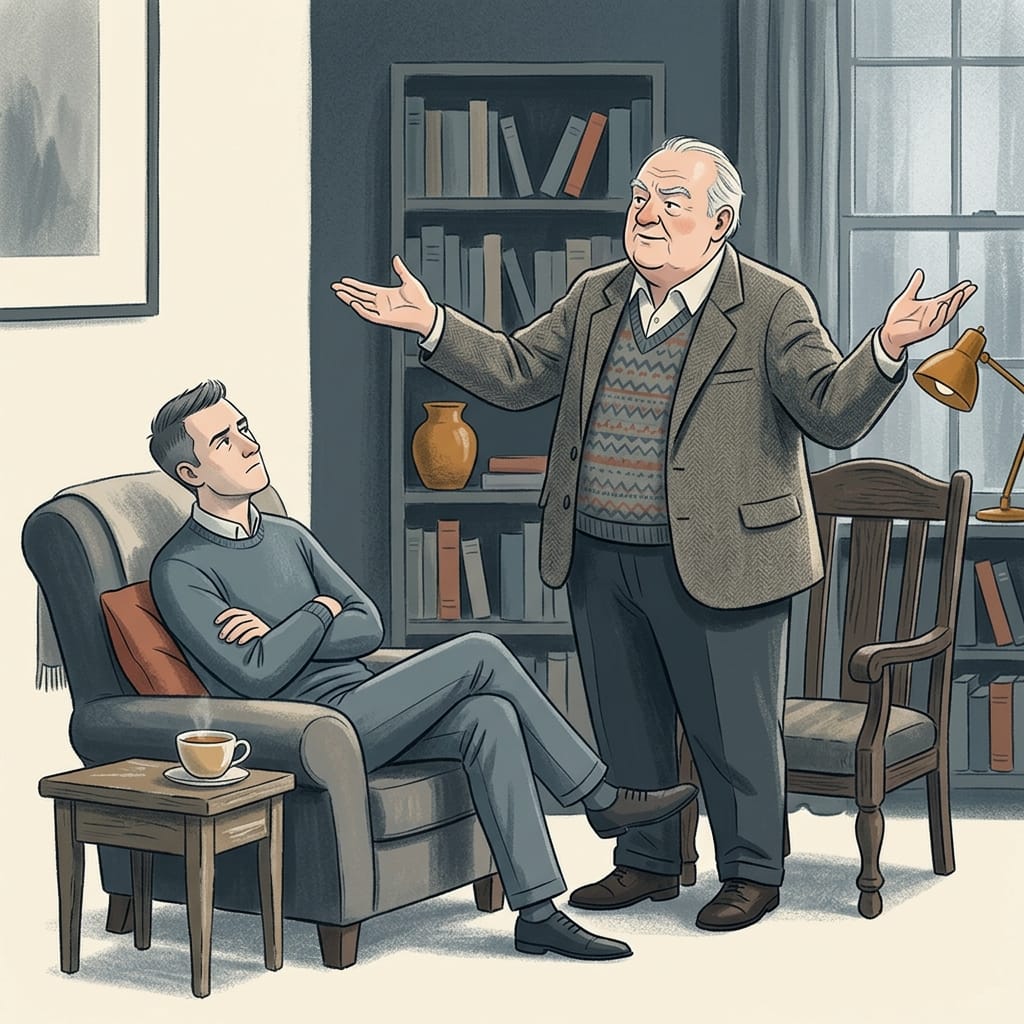An aging narcissist boasting to a single guarded listener