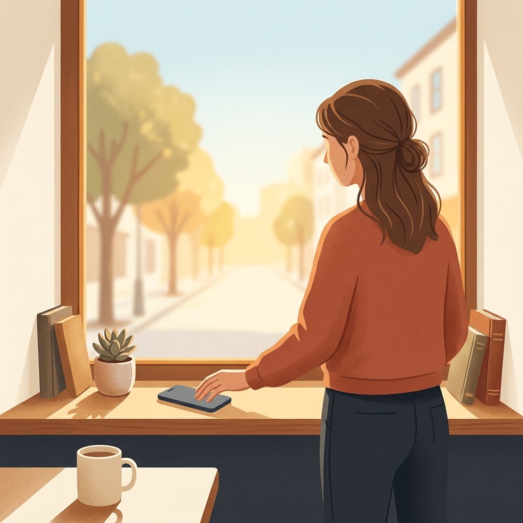 A person setting their phone down and turning toward the light