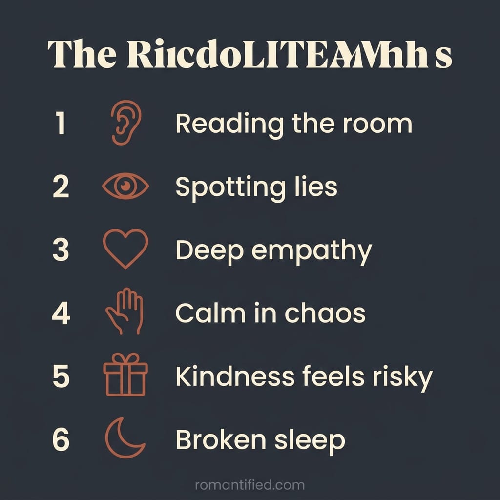 Overview infographic of the survival skills children of narcissists develop, small icons with short labels