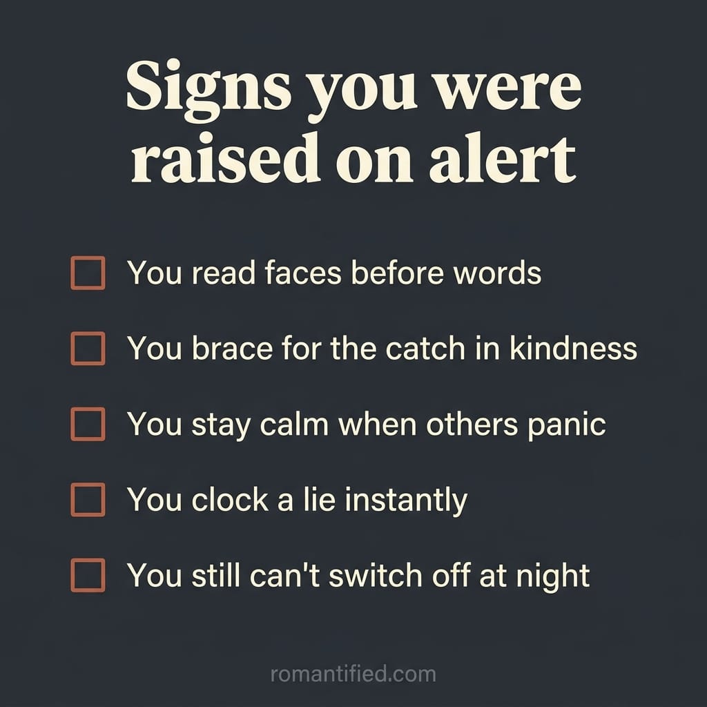 Detail infographic checklist of survival traits carried from childhood into adult life