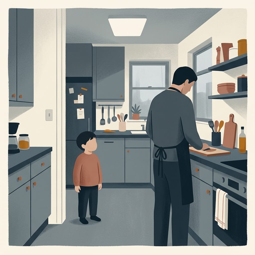 A child watches a parent's face closely across a tense kitchen, learning to read the mood
