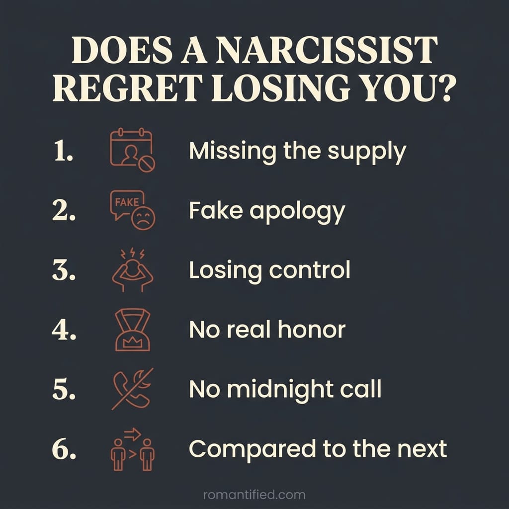 Overview infographic listing six reasons a narcissist appears to miss you, from missing supply to comparing the next partner.