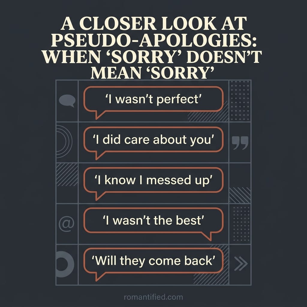 Grid of fake apology phrases a narcissist uses, such as I wasn't perfect and I did care about you.