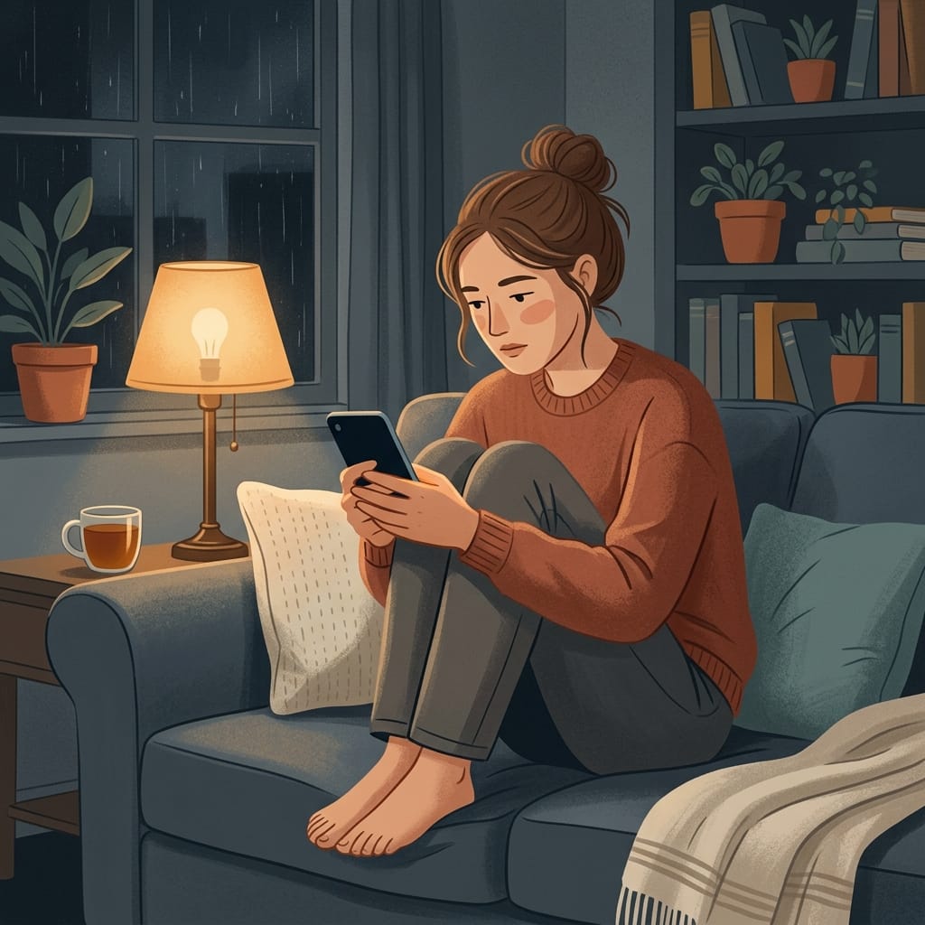 A woman sitting alone at night holding her phone, waiting for a call of regret that never comes.