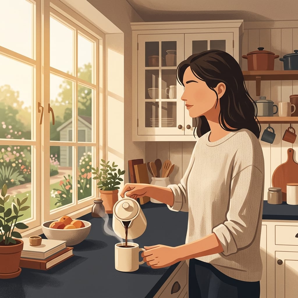 A woman in a bright morning kitchen pouring coffee, calm and building a life of her own.