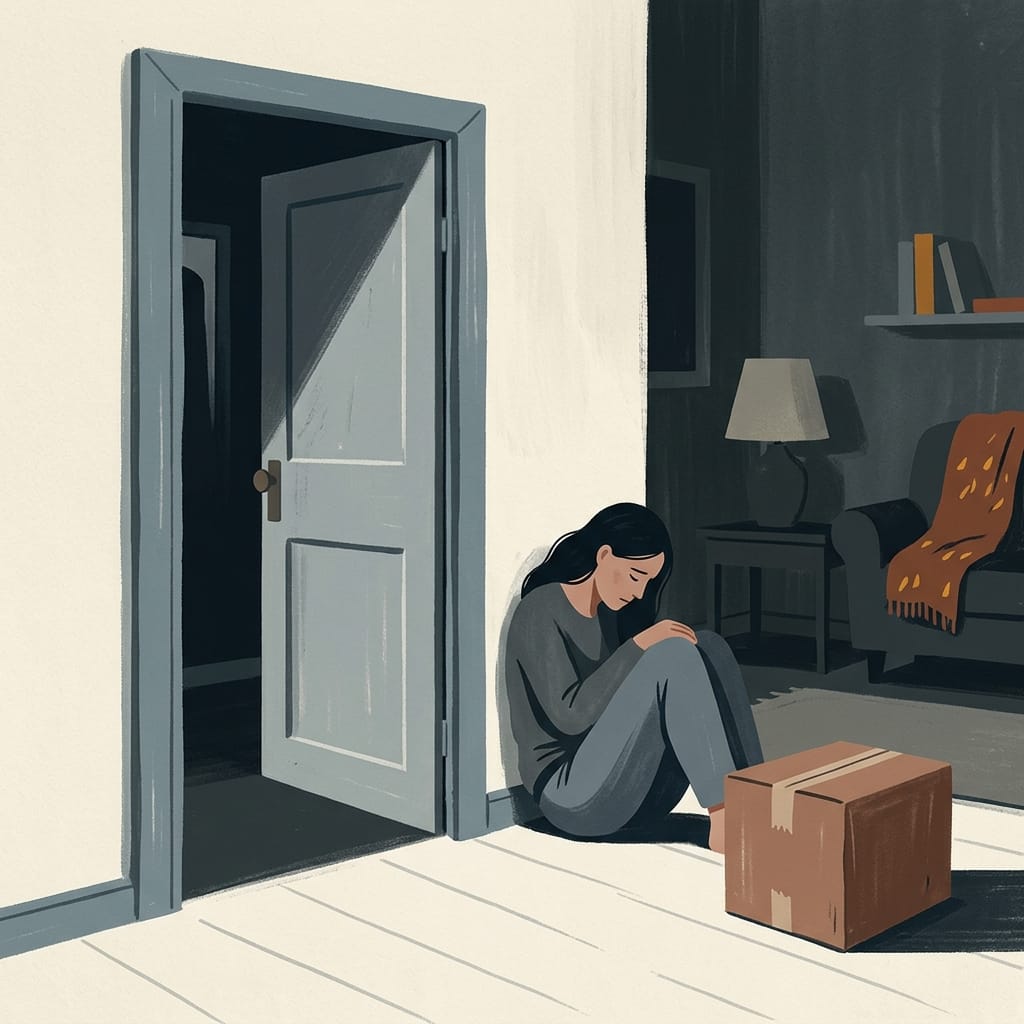 A woman grieving alone beside a door the narcissist left ajar