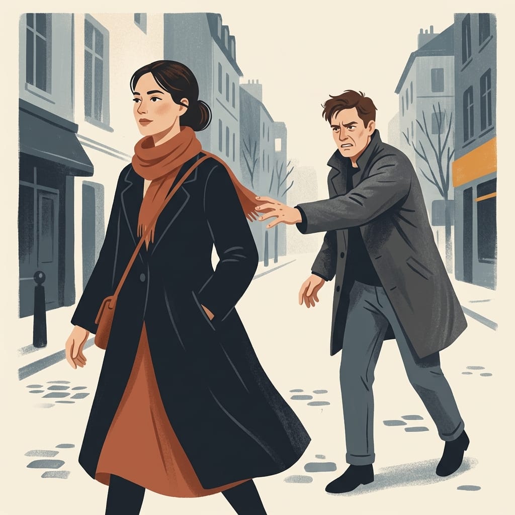 A man reaching back possessively as a woman walks toward her own life