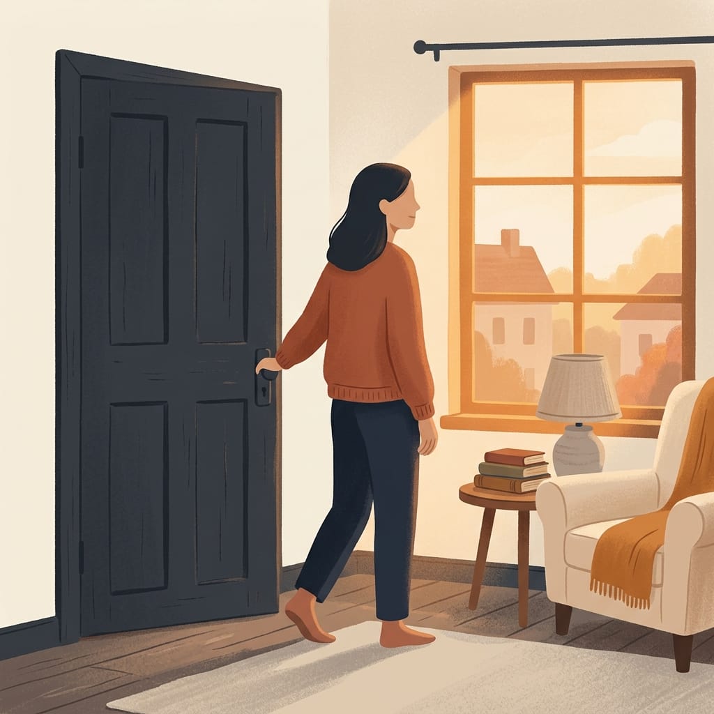A woman closing a door softly and turning toward warm light